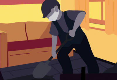 Un ouvrier creuse dans le salon