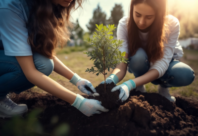 Deux jeunes femmes plantent un jeune arbre dans la terre - thème de la conservation, du développement durable et des matières premières, du changement climatique - Generative AI Illustration