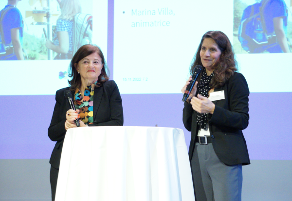 Accueil et ouverture de la journée; Dre Barbara Fontanellaz, directrice de la HEFP (à droite) et Marina Villa, animatrice