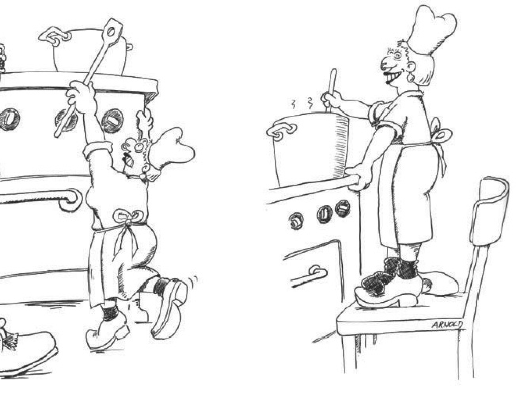 illustration cuisinier monté sur une chaise pour accéder au plan de travail