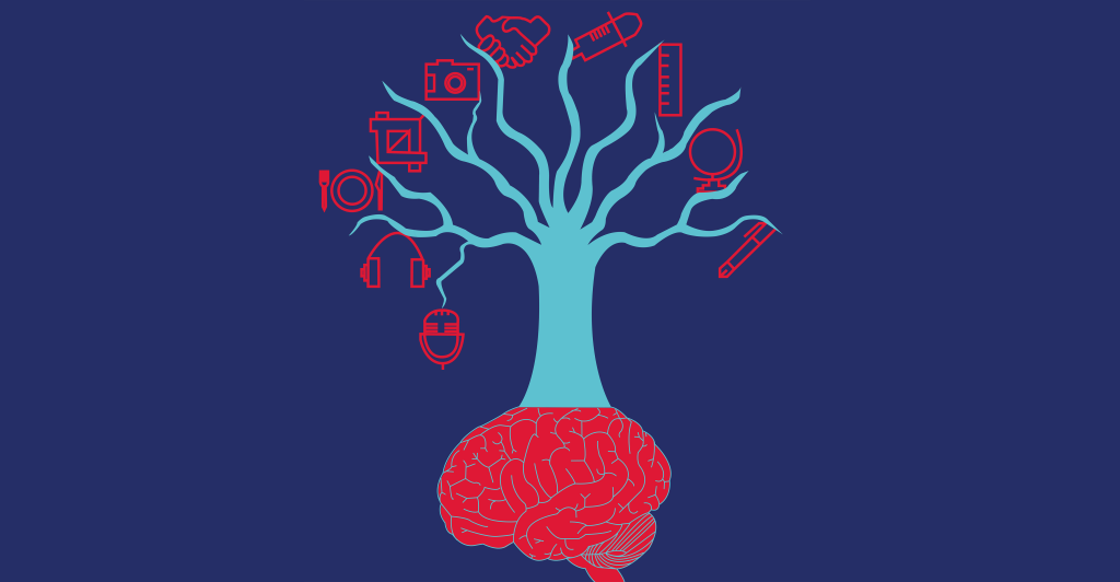 Un arbre croît sur un cerveau rouge ; de ses branches pendent des pictogrammes qui représentent diverses activités : un microphone, un casque audio, une assiette entourée de couverts, deux équerres formant un carré, un appareil photo, une poignée de main,