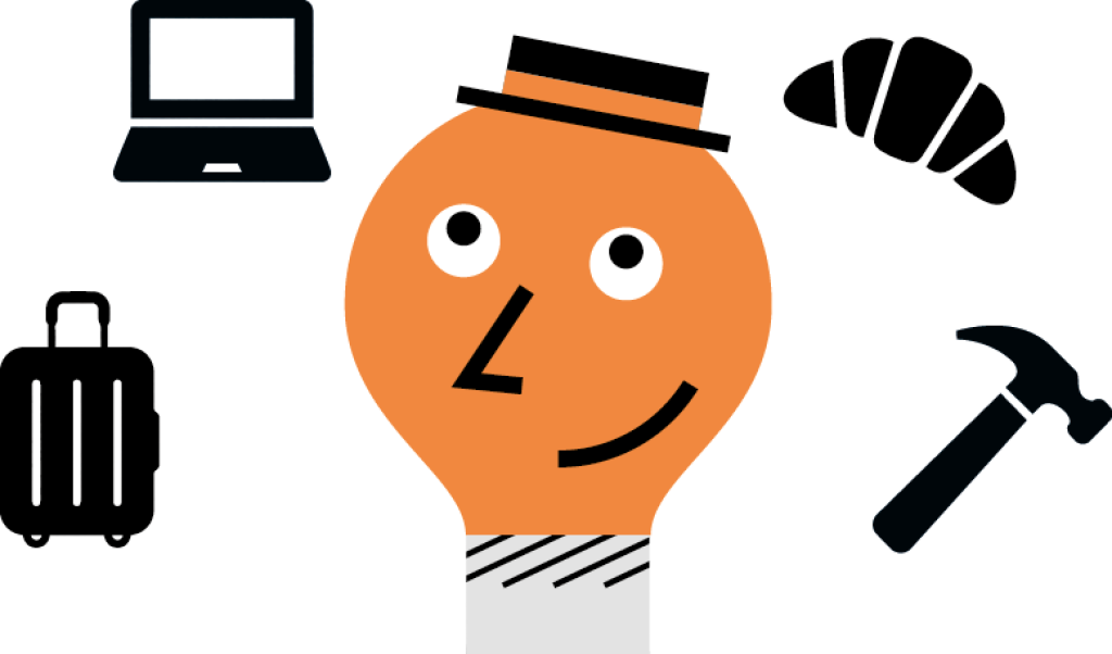 Une ampoule orange autour de laquelle gravitent une valise, un ordinateur portable, un croissant et un marteau.