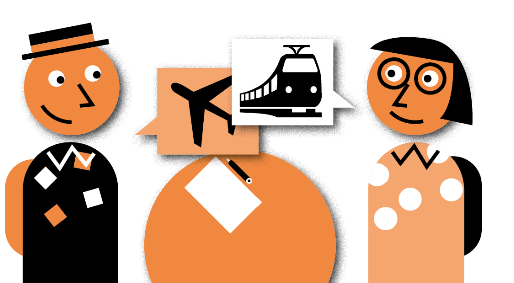 deux personnages illustrés qui se tiennent autour d'un monde et deux bulles avec un avion et un train.