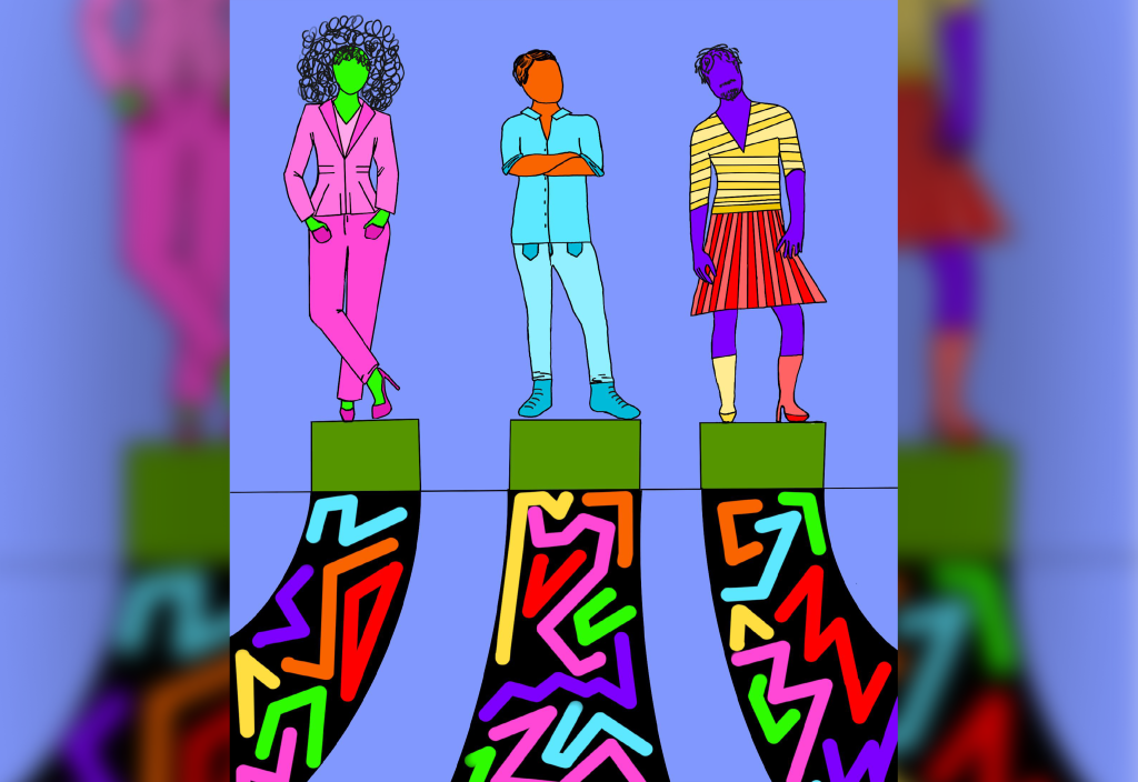 Trois personnes différentes se tiennent sur trois plates-formes d'où s'échappe un carrousel de formes colorées.