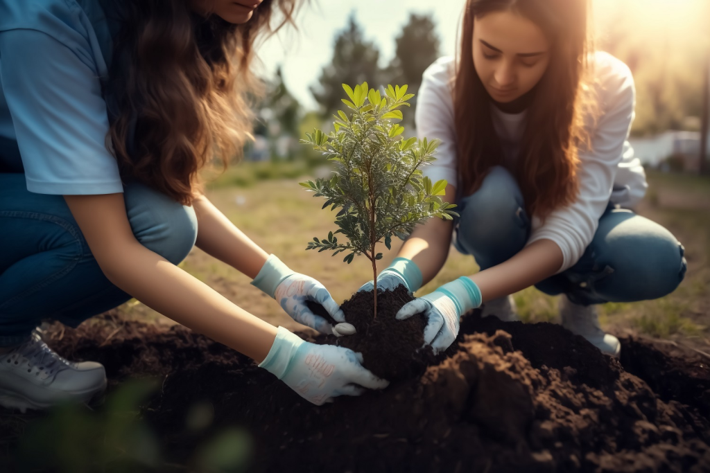 Deux jeunes femmes plantent un jeune arbre dans la terre - thème de la conservation, du développement durable et des matières premières, du changement climatique - Generative AI Illustration
