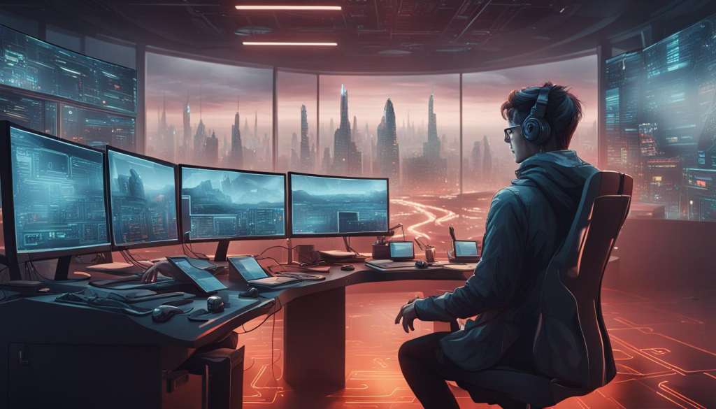 A young, diverse cyber security specialist works in a newsroom, sitting in front of several screens. All the latest equipment. The screens show a modern, futuristic city with a road in the middle that leads into the unknown – depicted as fog – in the distance